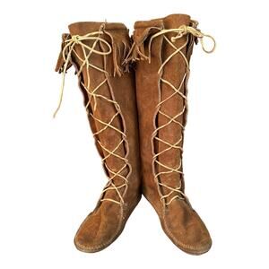 American Vintage Brown Suede Lace-Up Fringe Knee Boots